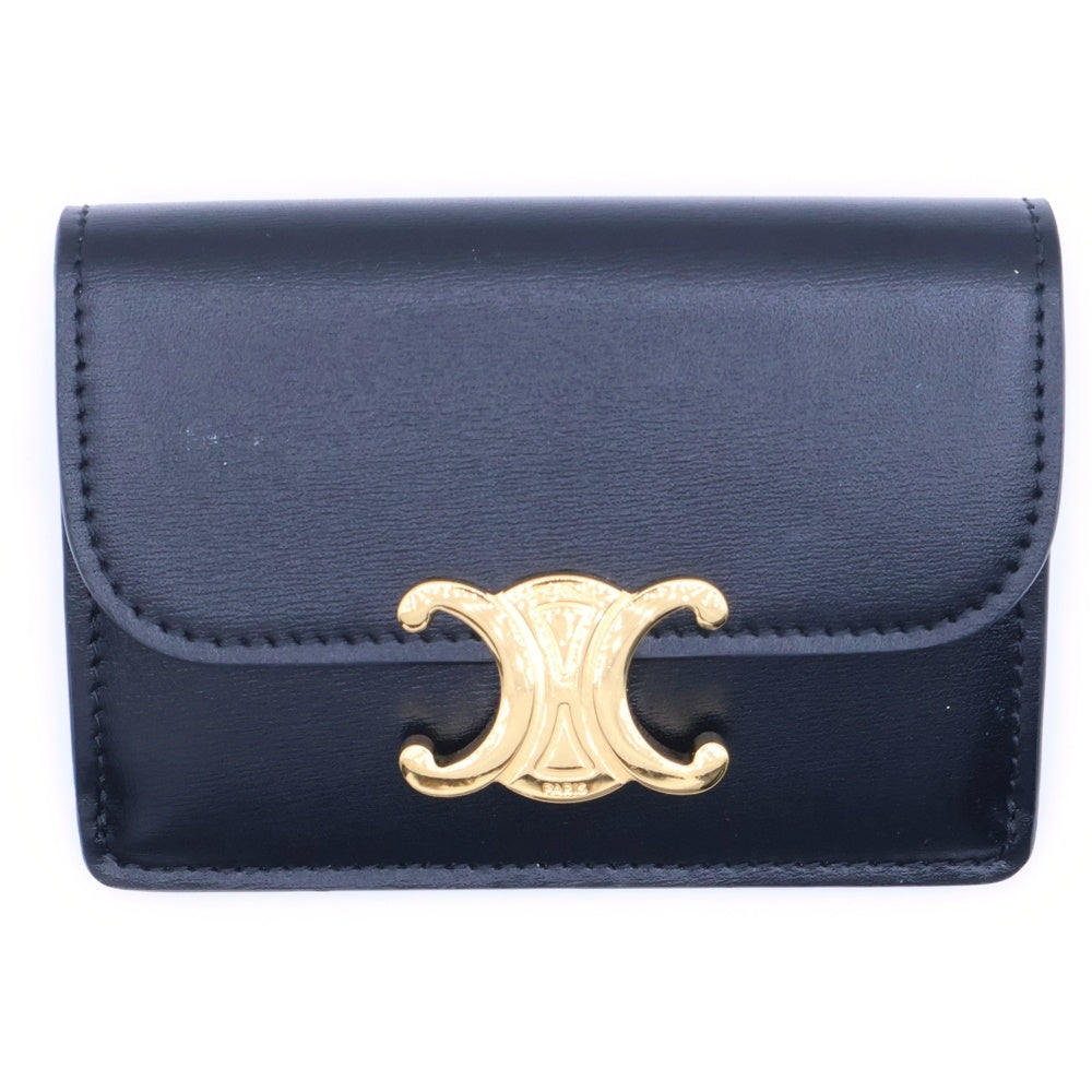 CELINE(セリーヌ) トリオンフ ロゴプレート レザー カードケース ゴールド金具 ブラック