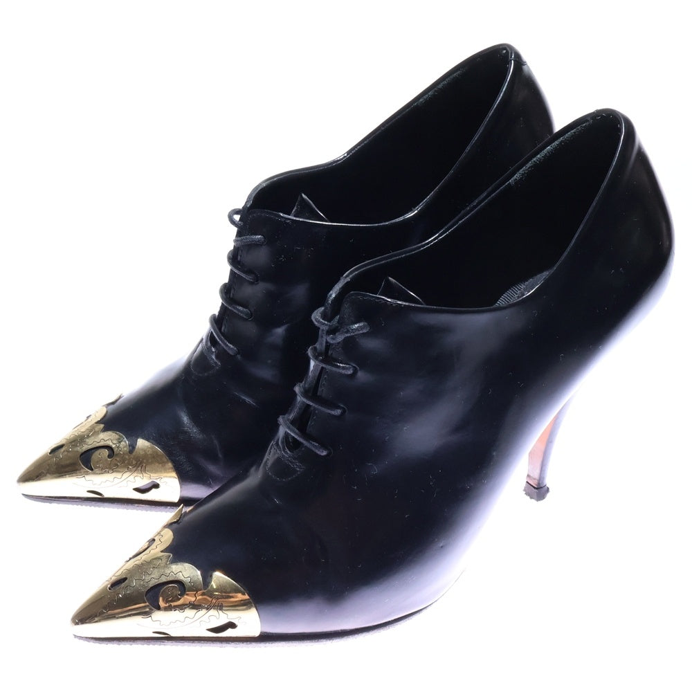 CELINE(セリーヌ) ポインテッドトゥ メタルキャップ タッセル レザー レースアップ ヒール パンプス シューズ ゴールド金具 ブラック レディース