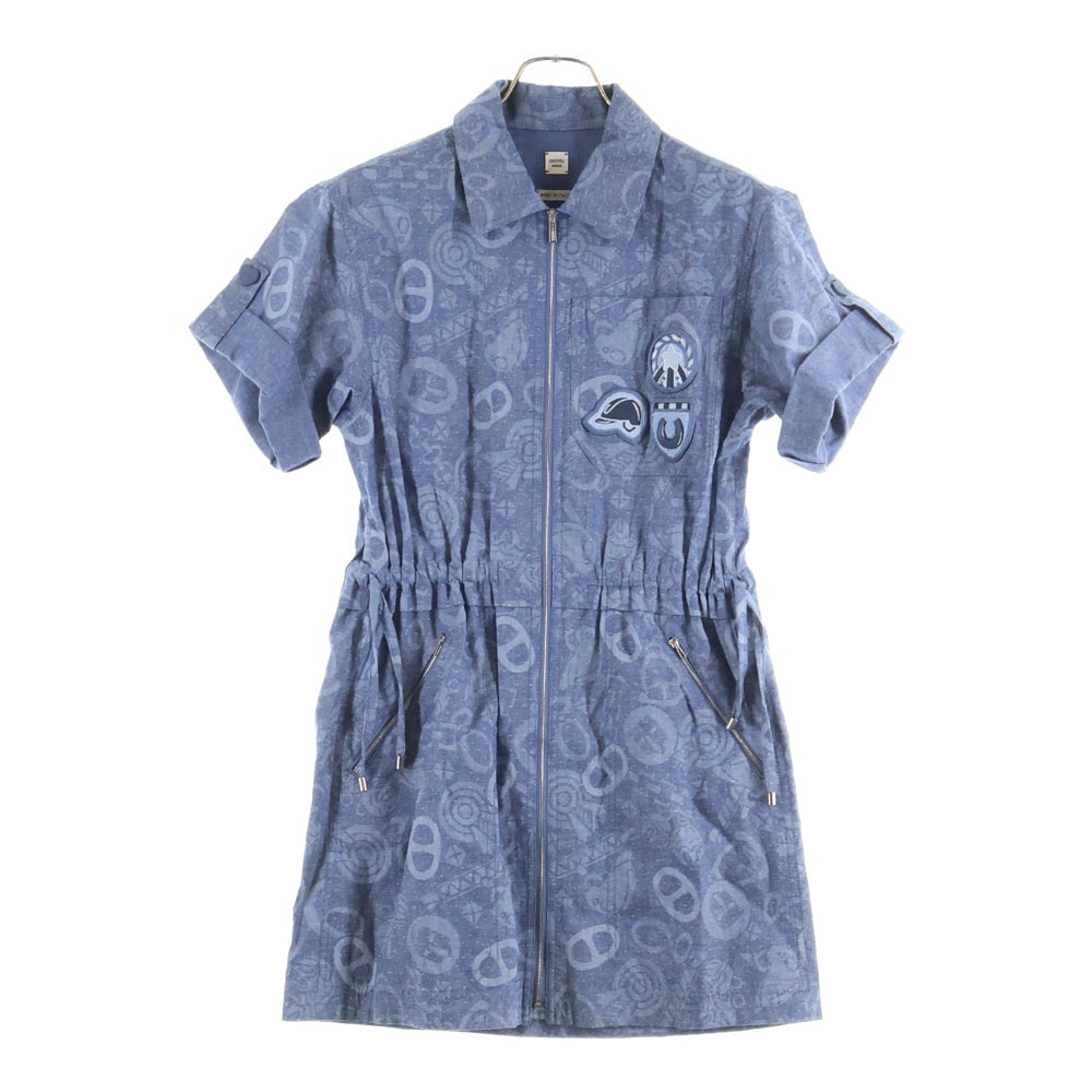 HERMES(エルメス) 25AW キャンディ リブリス 総柄 ワッペン ジップアップ 半袖 ミニ ワンピース ドレス インディゴ/ブルー レディース 5H0555DH