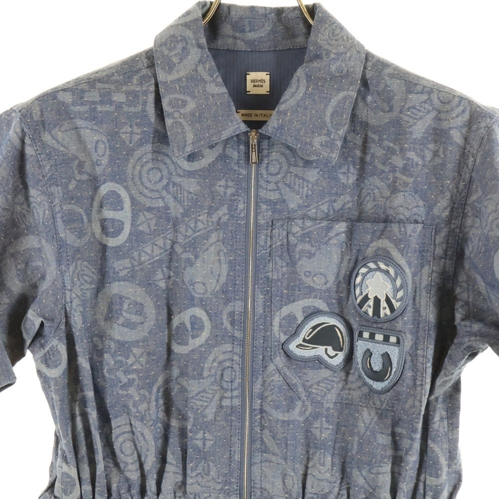 HERMES(エルメス) 25AW キャンディ リブリス 総柄 ワッペン ジップアップ 半袖 ミニ ワンピース ドレス インディゴ/ブルー レディース 5H0555DH