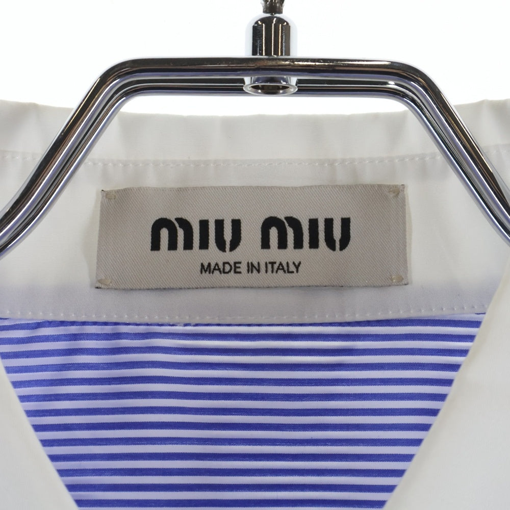 miumiu(ミュウミュウ) 23SS ロゴ刺繍 ストライプ総柄 クロップド ショート丈 半袖シャツ ブルー/ホワイト レディース MK1832