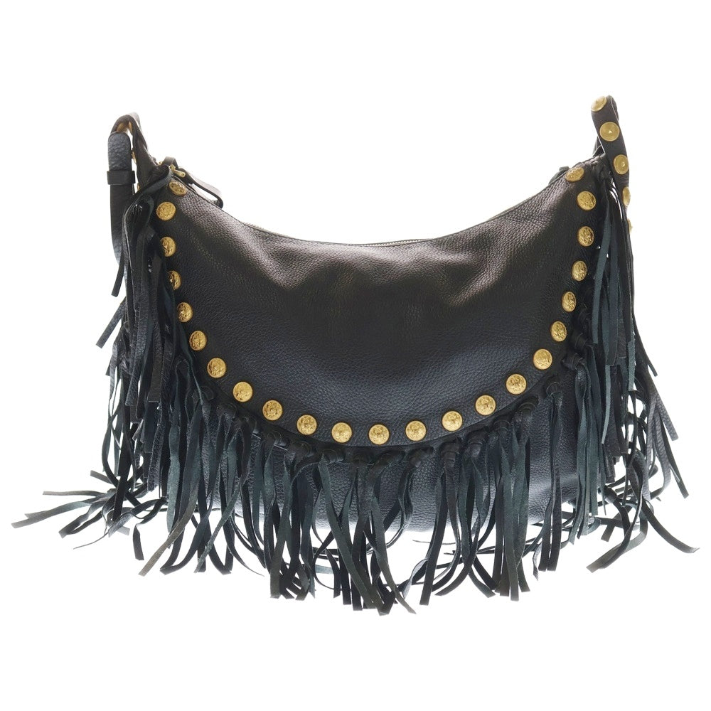 VALENTINO(ヴァレンティノ) ロックスタッズ エンブレム フリンジ レザー ショルダーバッグ ゴールド金具 ブラック GWB00716-AVSF03