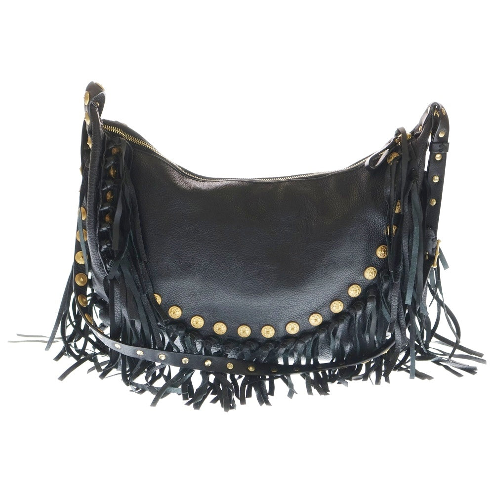 VALENTINO(ヴァレンティノ) ロックスタッズ エンブレム フリンジ レザー ショルダーバッグ ゴールド金具 ブラック GWB00716-AVSF03