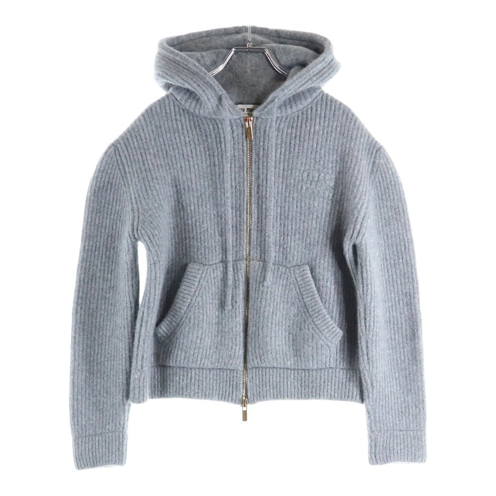 miumiu(ミュウミュウ) 23AW ロゴアップリケ カシミヤフーデッドジップアップショート丈ニットパーカー グレー MMF830