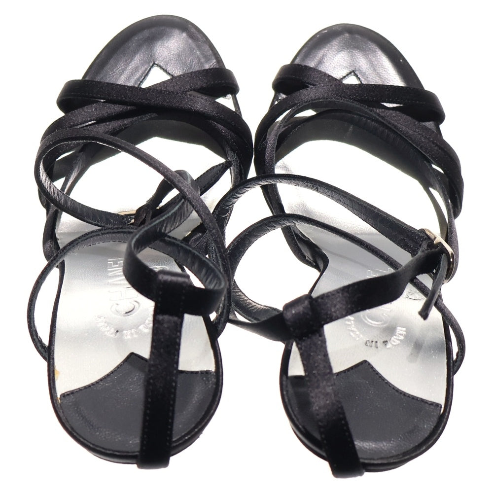 CHANEL(シャネル) サテン レザー ストラップ ヒール サンダル シューズ ブラック/シルバー レディース