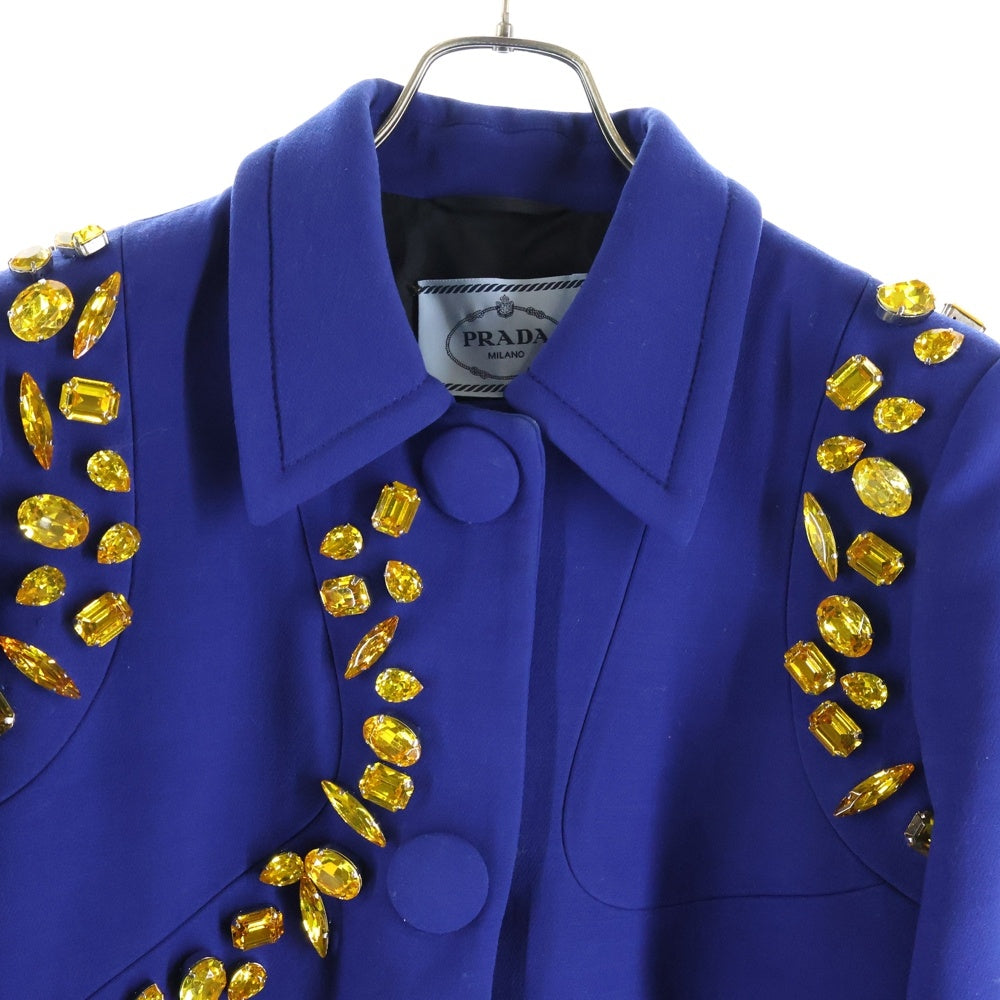 PRADA(プラダ) ラインストーン装飾 ウールステンカラーコート ブルー レディース