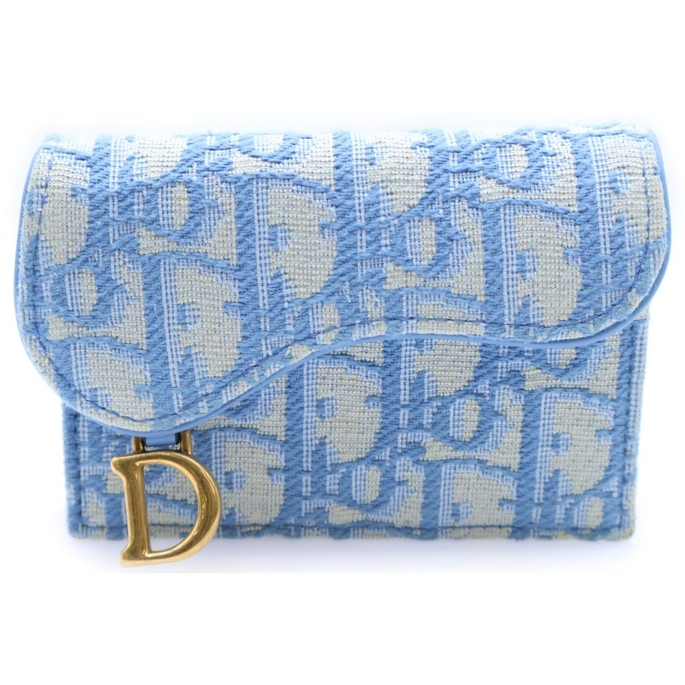 DIOR(ディオール) Saddle Lotus サドル ロータス オブリーク キャンバス レザー コンパクトウォレット カードケース 財布 ゴールド金具 ライトブルー レディース