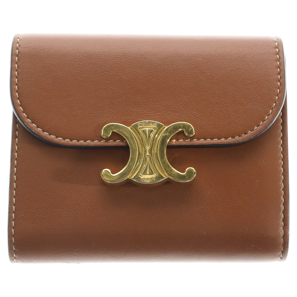 CELINE(セリーヌ) スモール フラップウォレット トリオンフ コンパクトウォレット 三つ折り財布 ブラウン レザー 10D78 3BZG 04LU ゴールド金具 レディース