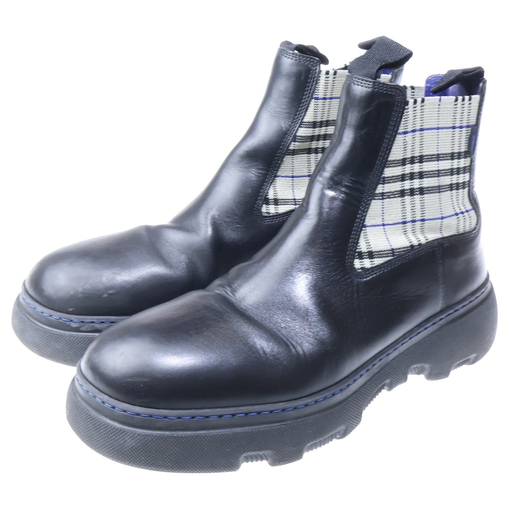 BURBERRY(バーバリー) レザークリーパーロー チェルシー ノバチェック柄サイドゴア ショート ブーツ ブラック