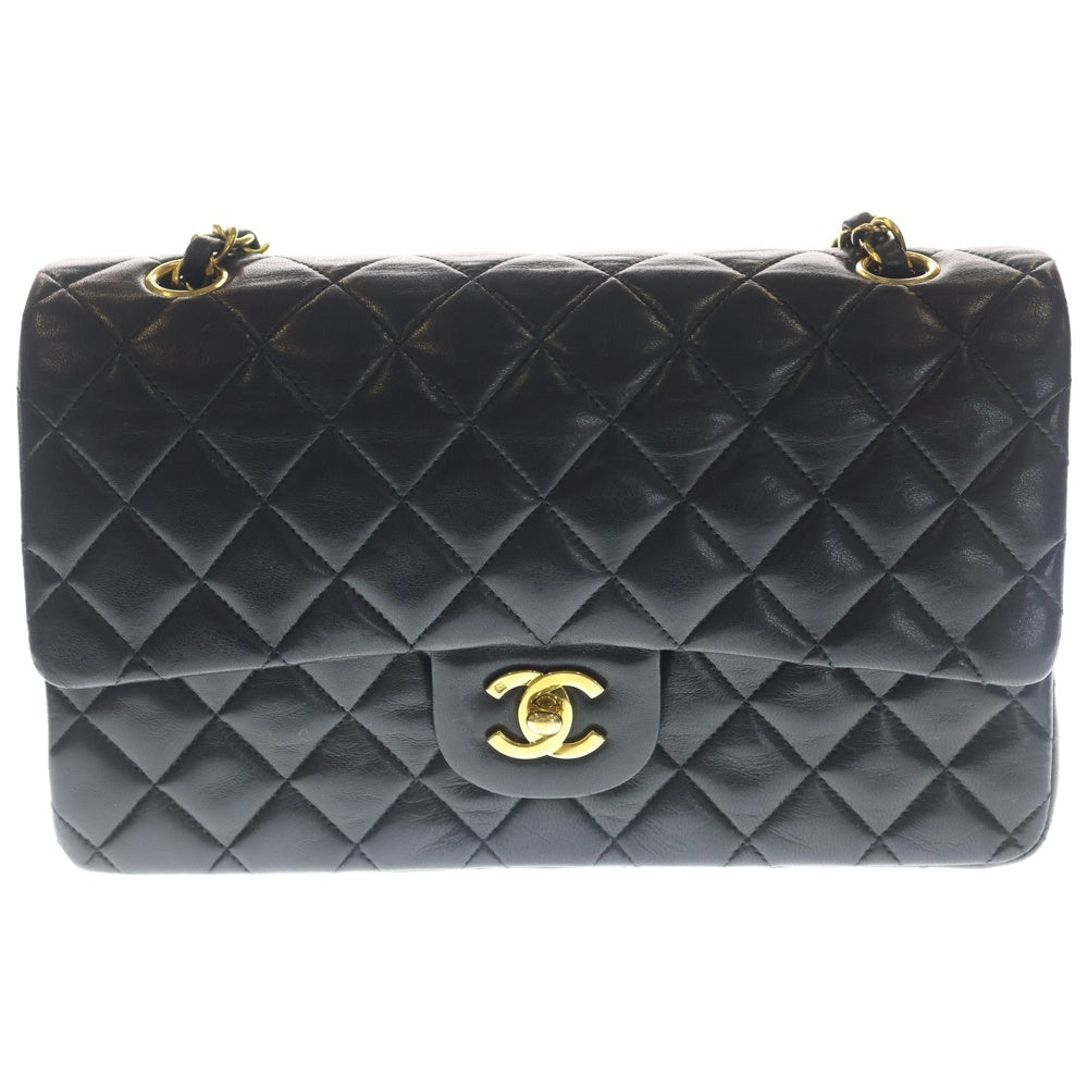 CHANEL(シャネル) マトラッセ25 ダブルフラップ ダブルチェーン ショルダーバッグ ブラック ラムスキン ゴールド金具 レディース