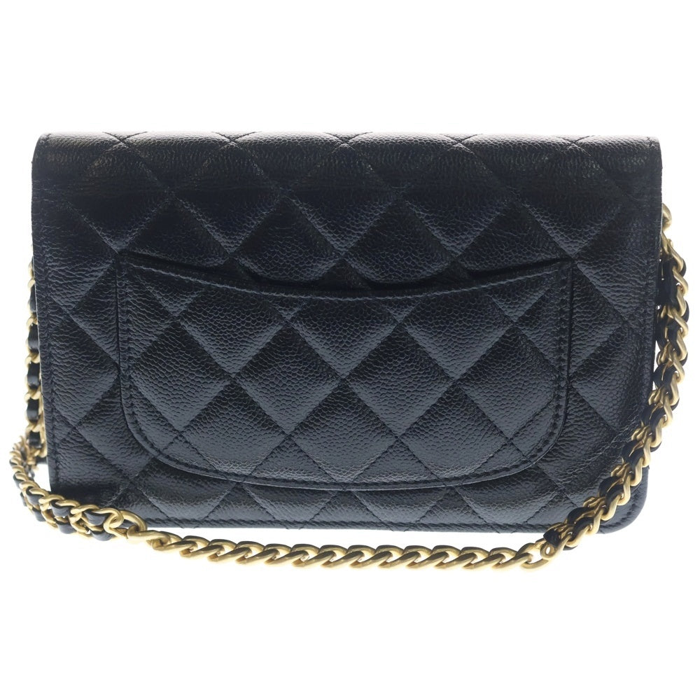 CHANEL(シャネル) マトラッセ チェーンウォレット キャビアスキン レザー ショルダーバッグ ゴールド金具 ブラック プレート レディース