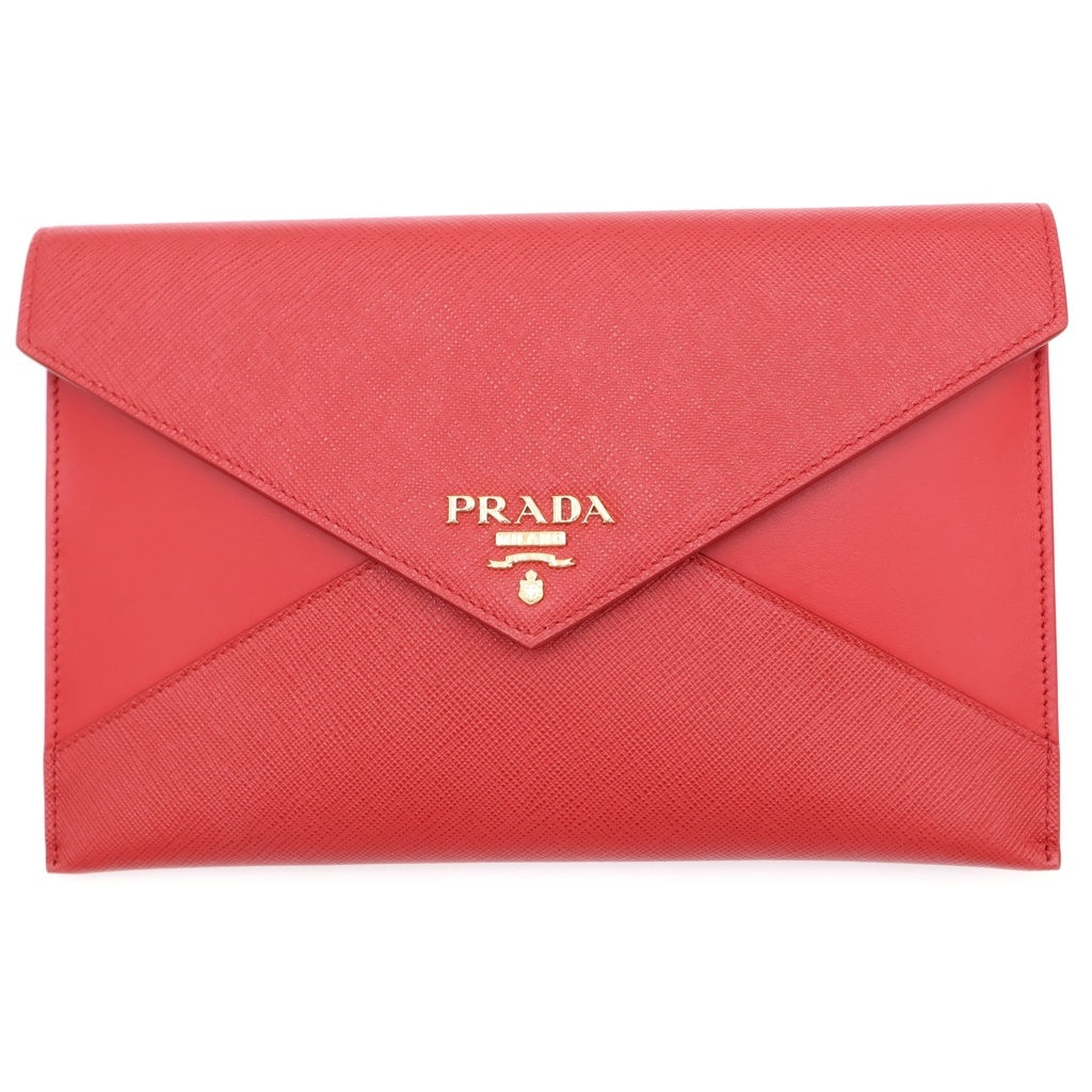 PRADA(プラダ) レタークラッチバック セカンドバッグ フォーコ 収納 レッド レザー 1MF014 ゴールド金具 レディース
