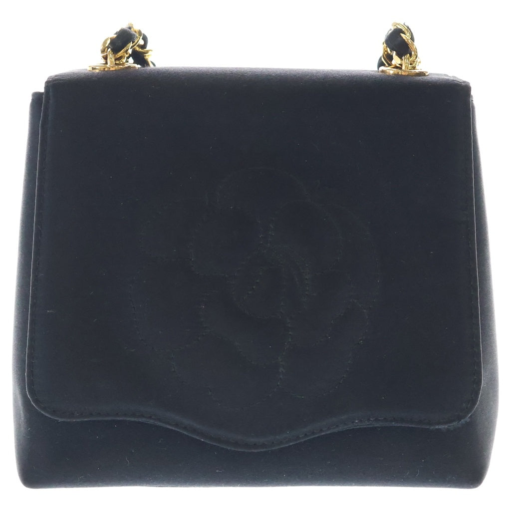 CHANEL(シャネル) カメリア ミニフラップ 2WAY チェーンショルダー ハンドバッグ ブラック サテン ゴールド金具 レディース