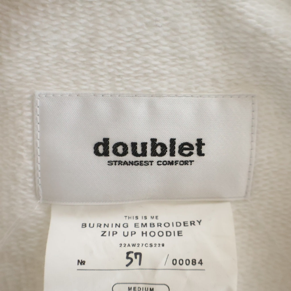 doublet(ダブレット) 22AW BURNING EMBROIDERY ZIP UP HOODIE バーニングエンブロイダリー バックプリント 刺繍 クロップド ジップアップ スウェットパーカー ホワイト 22AW27CS229 レディース