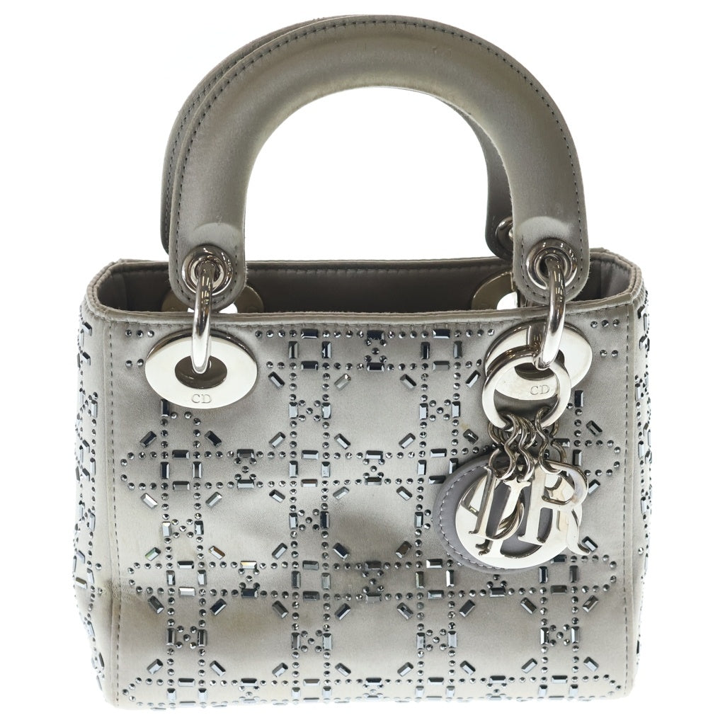Christian Dior(クリスチャンディオール) レディディオール カナージュ ラインストーン 2WAYバッグ ハンドバッグ ショルダーバッグ グレー サテン シルバー金具 レディース