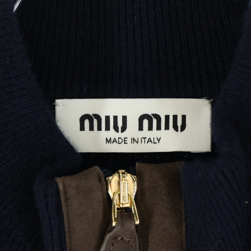 miumiu(ミュウミュウ) カシミヤ ジッパーカーディガン ニット レザー切り替え フロントロゴ ネイビー MMF992