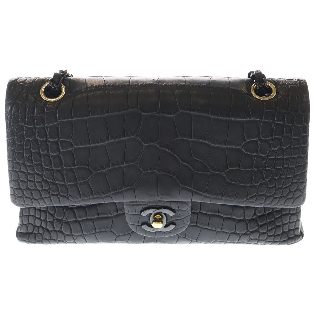 CHANEL(シャネル) マトラッセ25 ダブルフラップ ダブルチェーン ショルダーバッグ クロコダイル 黒 ゴールド金具×ブラック金具 レディース