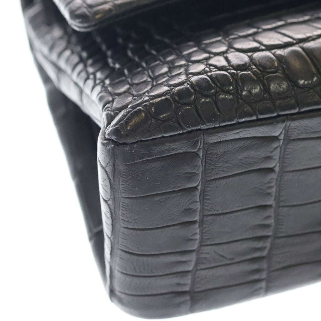 CHANEL(シャネル) マトラッセ25 ダブルフラップ ダブルチェーン ショルダーバッグ クロコダイル 黒 ゴールド金具×ブラック金具 レディース