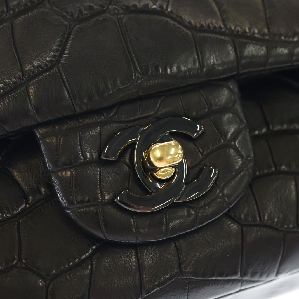 CHANEL(シャネル) マトラッセ25 ダブルフラップ ダブルチェーン ショルダーバッグ クロコダイル 黒 ゴールド金具×ブラック金具 レディース