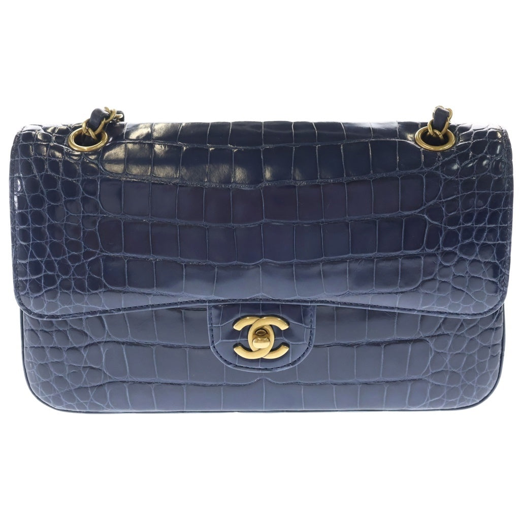 CHANEL(シャネル) マトラッセ25 ダブルフラップ ダブルチェーン ショルダーバッグ クロコダイル ネイビー ゴールド金具 レディース