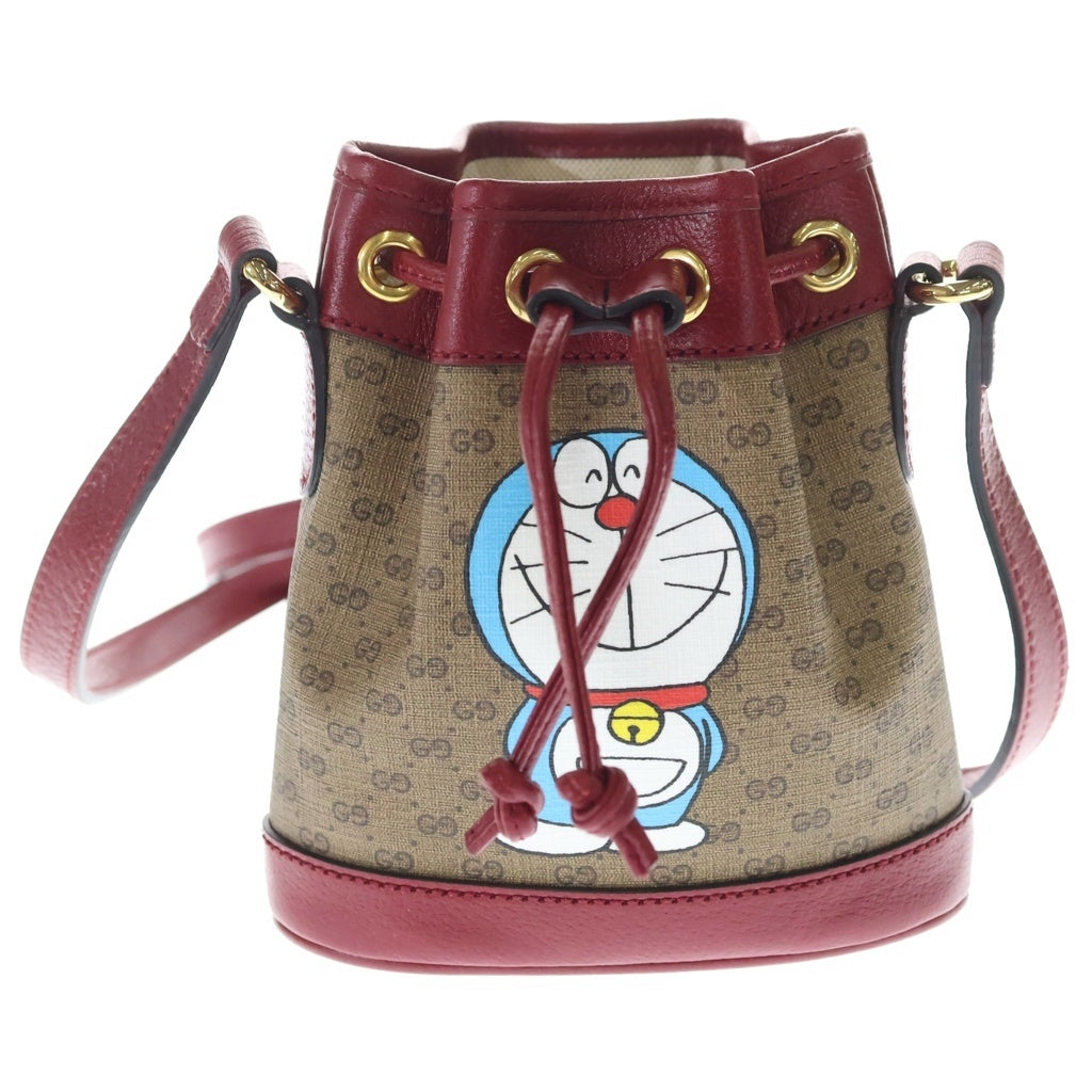 GUCCI(グッチ) ドラえもんコラボ ミニバケットバッグ ミニGGスプリーム ショルダーバッグ ブラウン×レッド レザー 647801 ゴールド金具 レディース