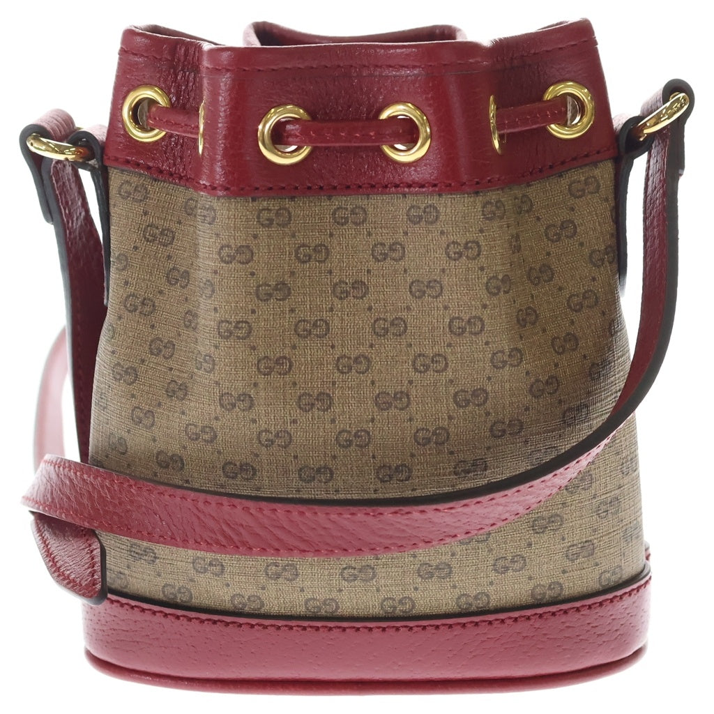 GUCCI(グッチ) ドラえもんコラボ ミニバケットバッグ ミニGGスプリーム ショルダーバッグ ブラウン×レッド レザー 647801 ゴールド金具 レディース