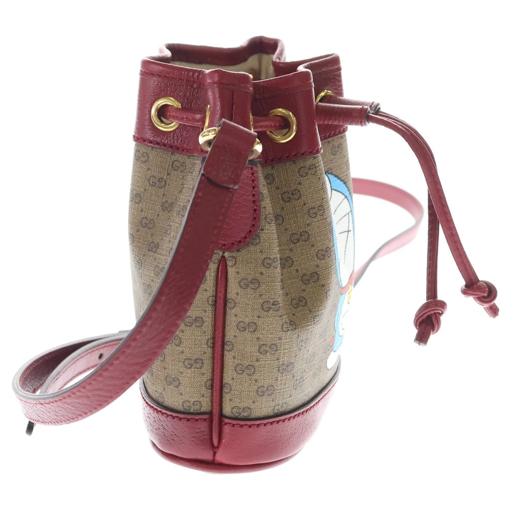 GUCCI(グッチ) ドラえもんコラボ ミニバケットバッグ ミニGGスプリーム ショルダーバッグ ブラウン×レッド レザー 647801 ゴールド金具 レディース
