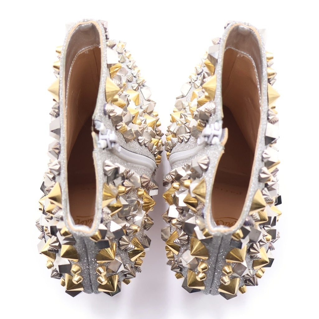 CHRISTIAN LOUBOUTIN(クリスチャンルブタン) シルバーグリッタースタッズヒールブーツ シルバー×ゴールド #37 1/2 レディース