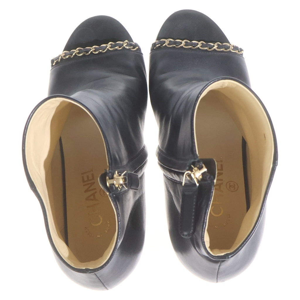 CHANEL(シャネル) ブラックレザー・オープン・トゥ・ウェッジブーツ #38C レディース