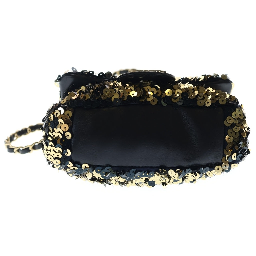 CHANEL(シャネル) スパンコール チェーンショルダーバッグ フラップバッグ ココマーク レザー ゴールド金具 ゴールド/ブラック 12番台 レディース