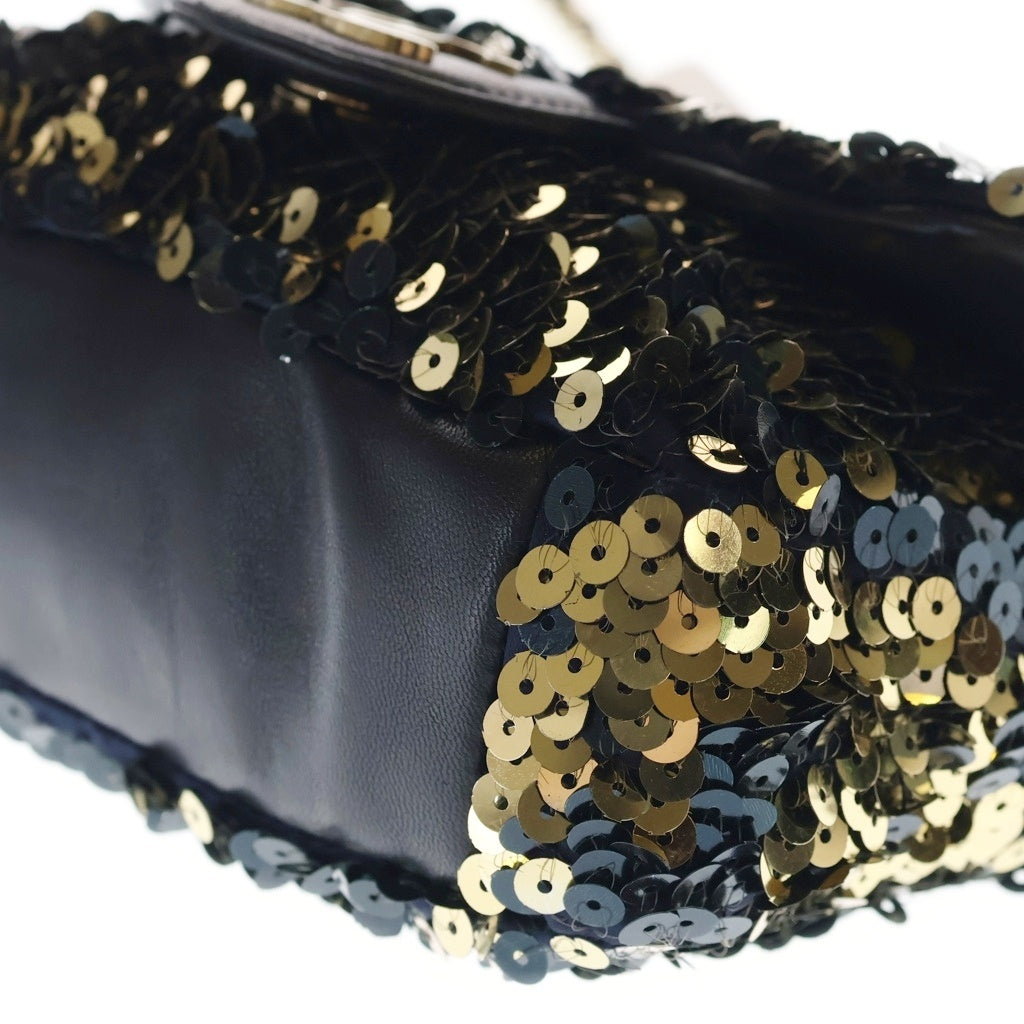 CHANEL(シャネル) スパンコール チェーンショルダーバッグ フラップバッグ ココマーク レザー ゴールド金具 ゴールド/ブラック 12番台 レディース