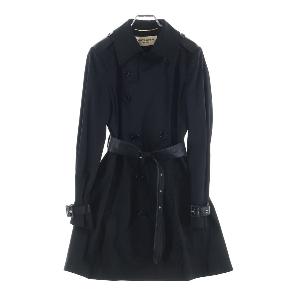 SAINT LAURENT PARIS(サンローランパリ) ベルト付き ポリエステル コットン レザー トレンチコート ロングコート #F36 ブラック レディース