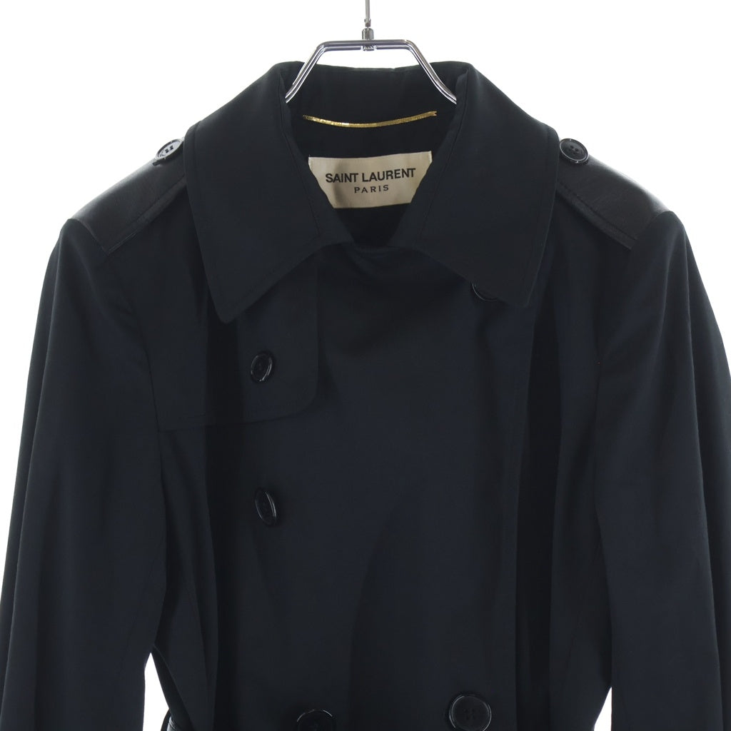 SAINT LAURENT PARIS(サンローランパリ) ベルト付き ポリエステル コットン レザー トレンチコート ロングコート #F36 ブラック レディース