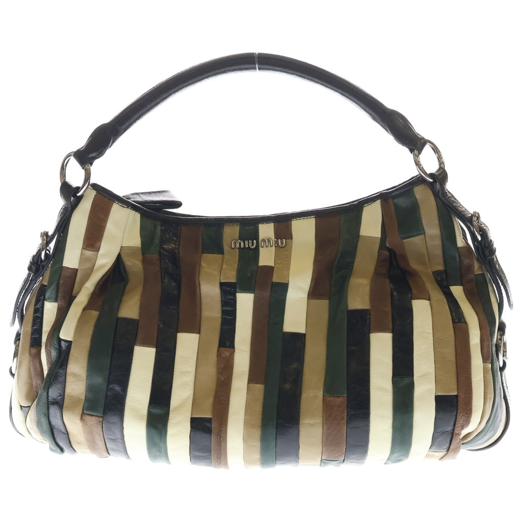 miumiu(ミュウミュウ) パッチワーク レザー シルバー金具 ワンショルダーバッグ トートバッグ ハンドバッグ ブラック/ブラウン/グリーン レディース