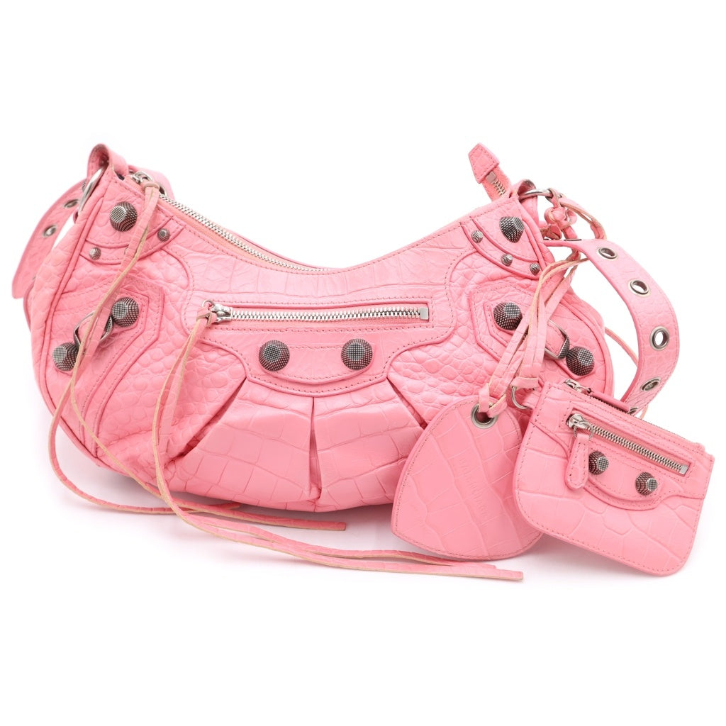 BALENCIAGA(バレンシアガ) ルカゴール スモール 型押しクロコ ショルダーバッグ ピンク レザー 671307 シルバー金具 レディース