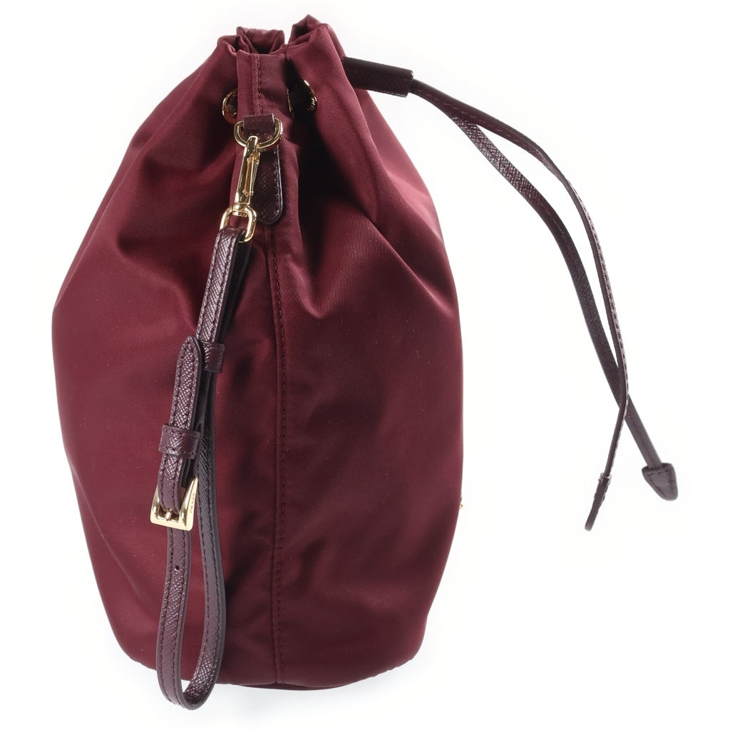 PRADA(プラダ) Re-Nylon トライアングルロゴ 巾着ポーチ ミニバッグ ボルドー ワインレッド レザー×ナイロン 1NS369 ゴールド金具 レディース
