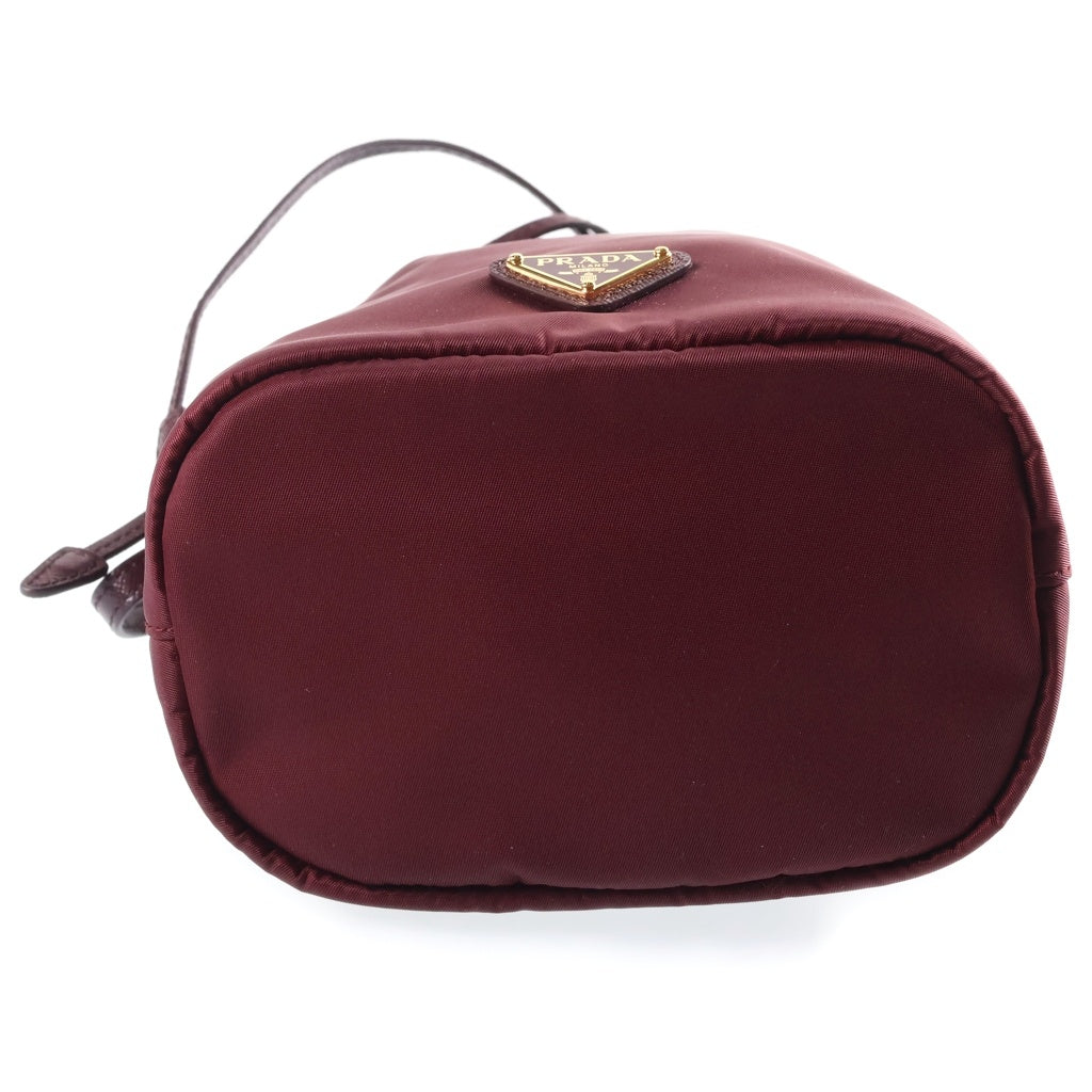 PRADA(プラダ) Re-Nylon トライアングルロゴ 巾着ポーチ ミニバッグ ボルドー ワインレッド レザー×ナイロン 1NS369 ゴールド金具 レディース