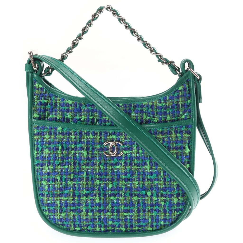 CHANEL(シャネル) マトラッセ ホーボー ショルダーバッグ ツイード/レザー グリーン/ブルー シルバー金具