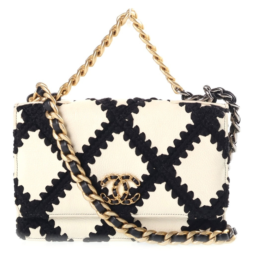 CHANEL(シャネル) シャネル19 チェーンウォレット ショルダーバッグ ホワイト/ブラック クロシェ/カーフスキン ゴールド金具 AP0957