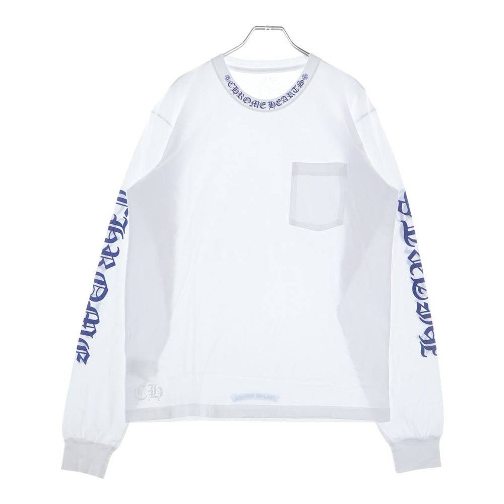 CHROME HEARTS(クロムハーツ) NECK LOGO POCKET L/S TEE WHITE/DGR BLUE ネック ロゴ クルーネック 長袖Tシャツ ホワイト/ブルー