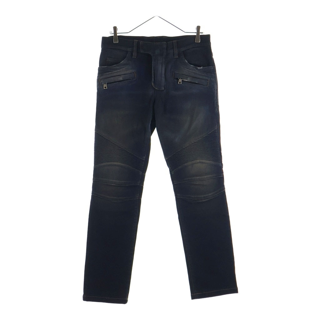 BALMAIN(バルマン) ダメージ加工 蛇腹バイカー デニムパンツ ジーンズ インディゴブラック W6HD551D502