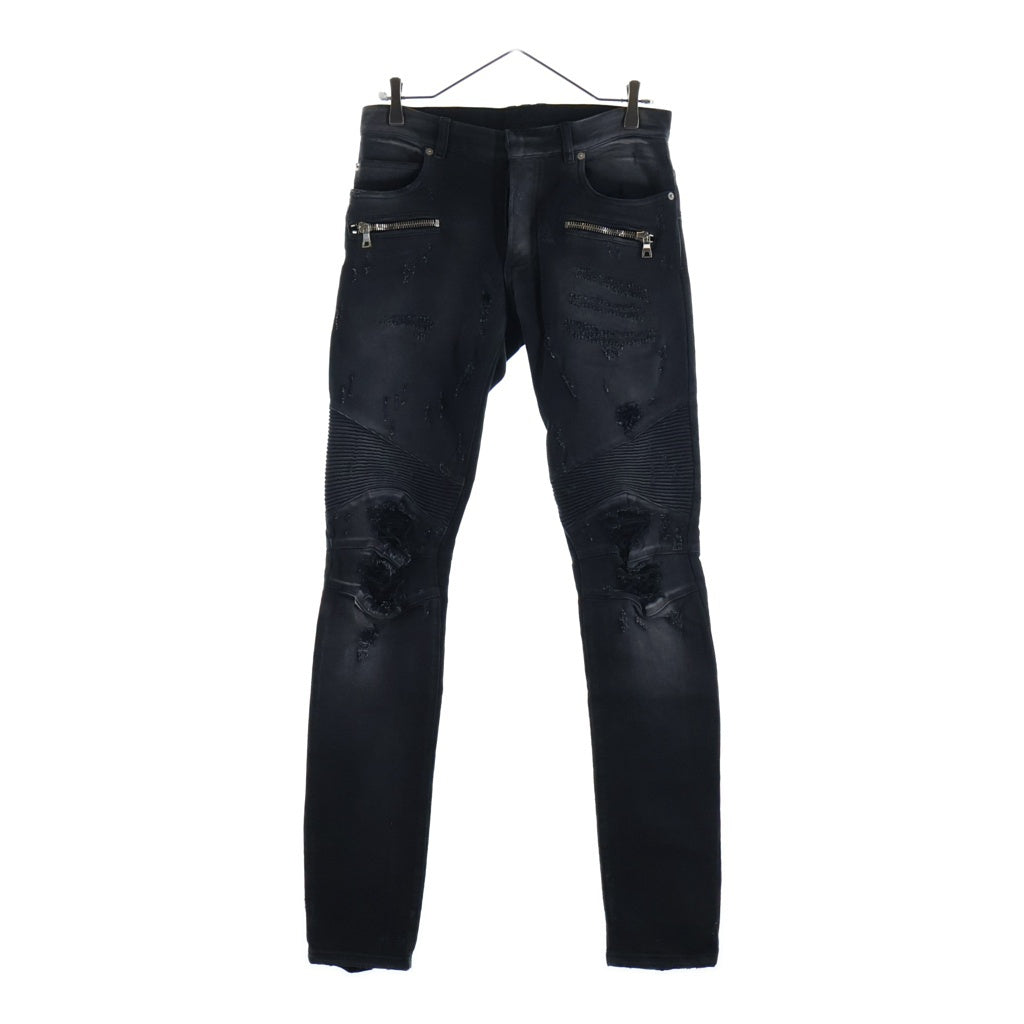 BALMAIN(バルマン) 18AW ダメージ加工 蛇腹バイカー デニムパンツ ジーンズ インディゴブラック W8H9130T138D