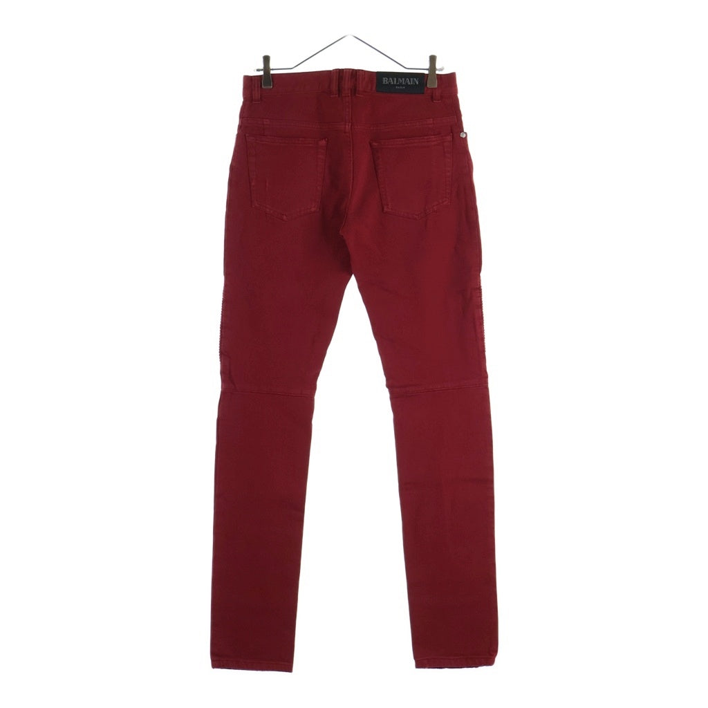 BALMAIN(バルマン) バイカー 蛇腹 ダメージ加工 スリム デニムパンツ ジーンズ レッド RH05130Z058