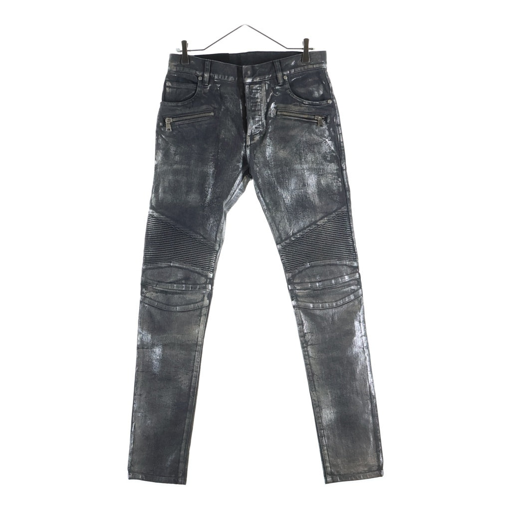 BALMAIN(バルマン) ダメージ加工 ペイント ラメ ストレッチ デニム スキニーパンツ グレー RH15130D012