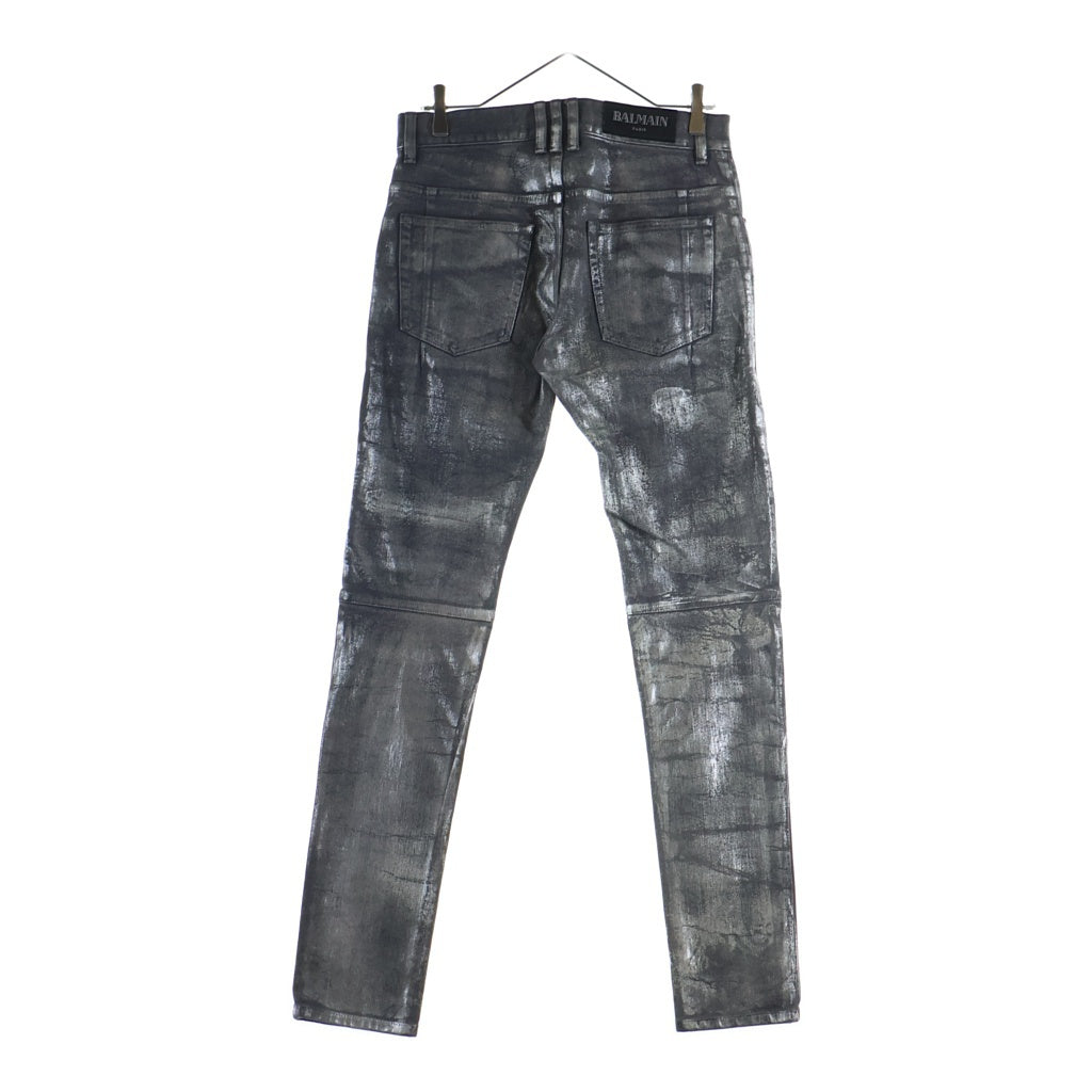 BALMAIN(バルマン) ダメージ加工 ペイント ラメ ストレッチ デニム スキニーパンツ グレー RH15130D012