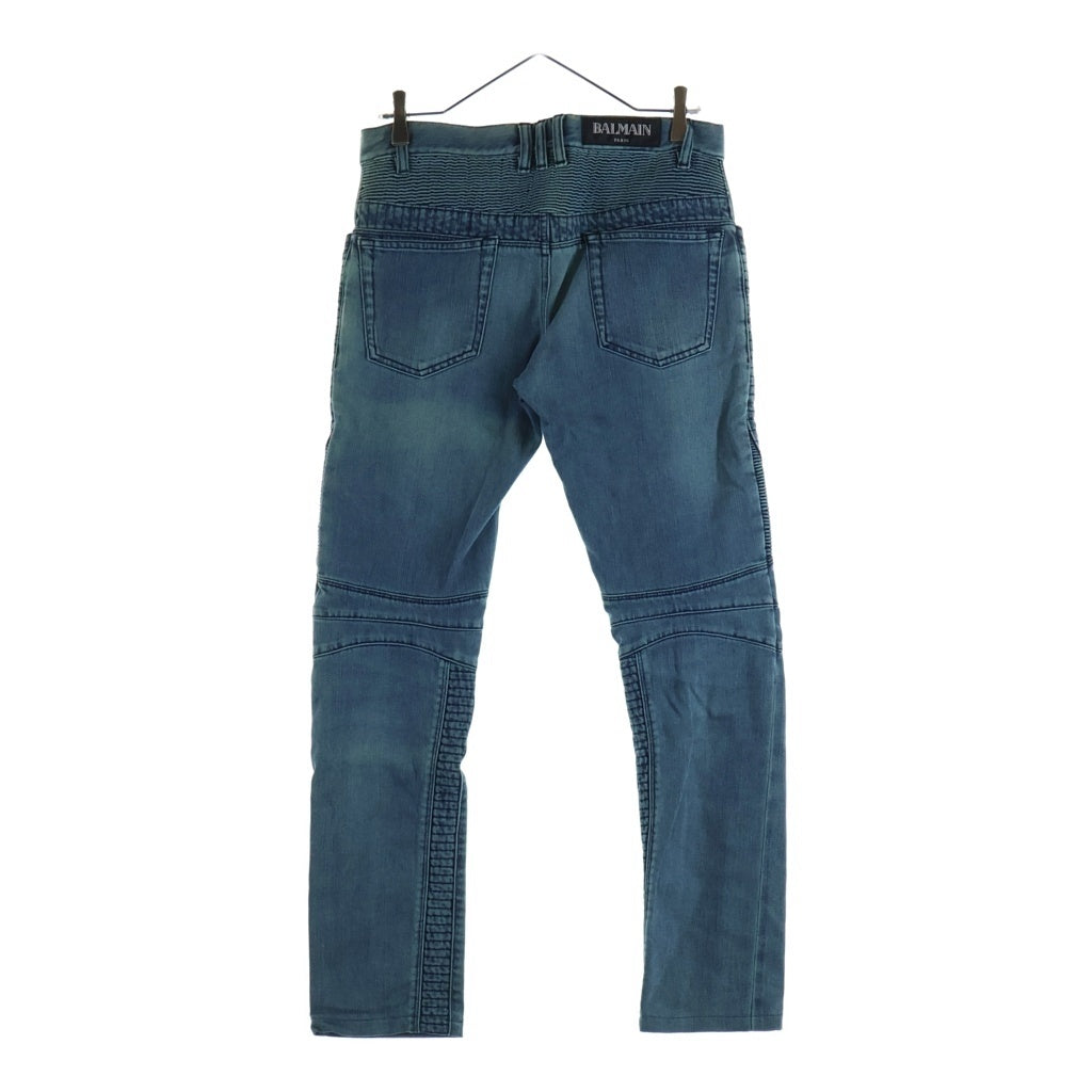 BALMAIN(バルマン) 蛇腹 ストレッチ スリム バイカー デニムパンツ ジップ装飾 S7H9502T014 ブルー