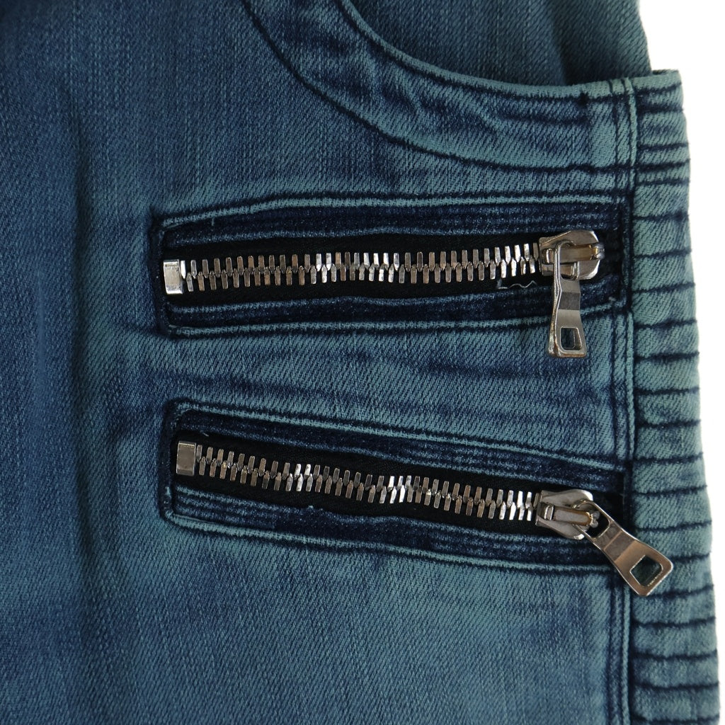 BALMAIN(バルマン) 蛇腹 ストレッチ スリム バイカー デニムパンツ ジップ装飾 S7H9502T014 ブルー