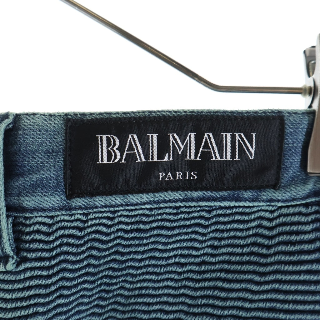 BALMAIN(バルマン) 蛇腹 ストレッチ スリム バイカー デニムパンツ ジップ装飾 S7H9502T014 ブルー