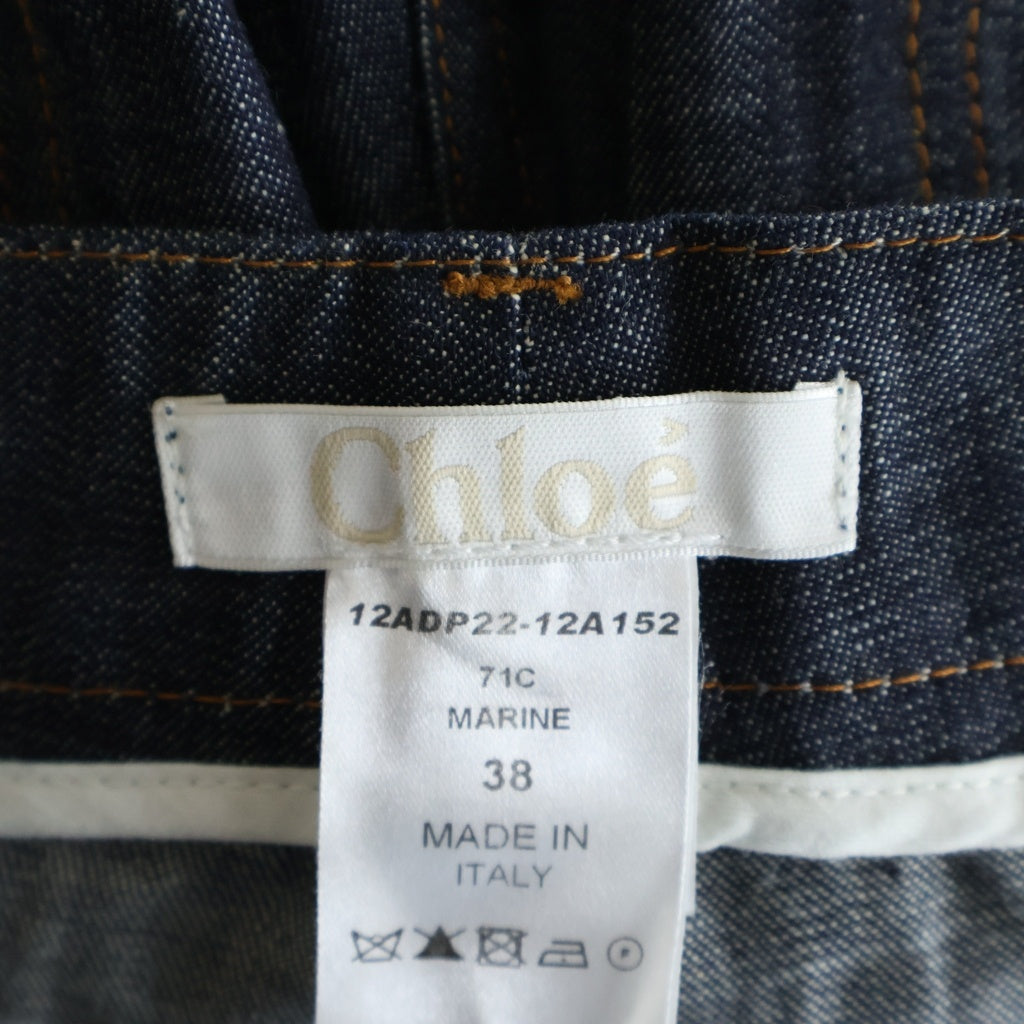 Chloe(クロエ) ワイドストレート デニムパンツ レザーパッチ パンツ インディゴブラック レディース