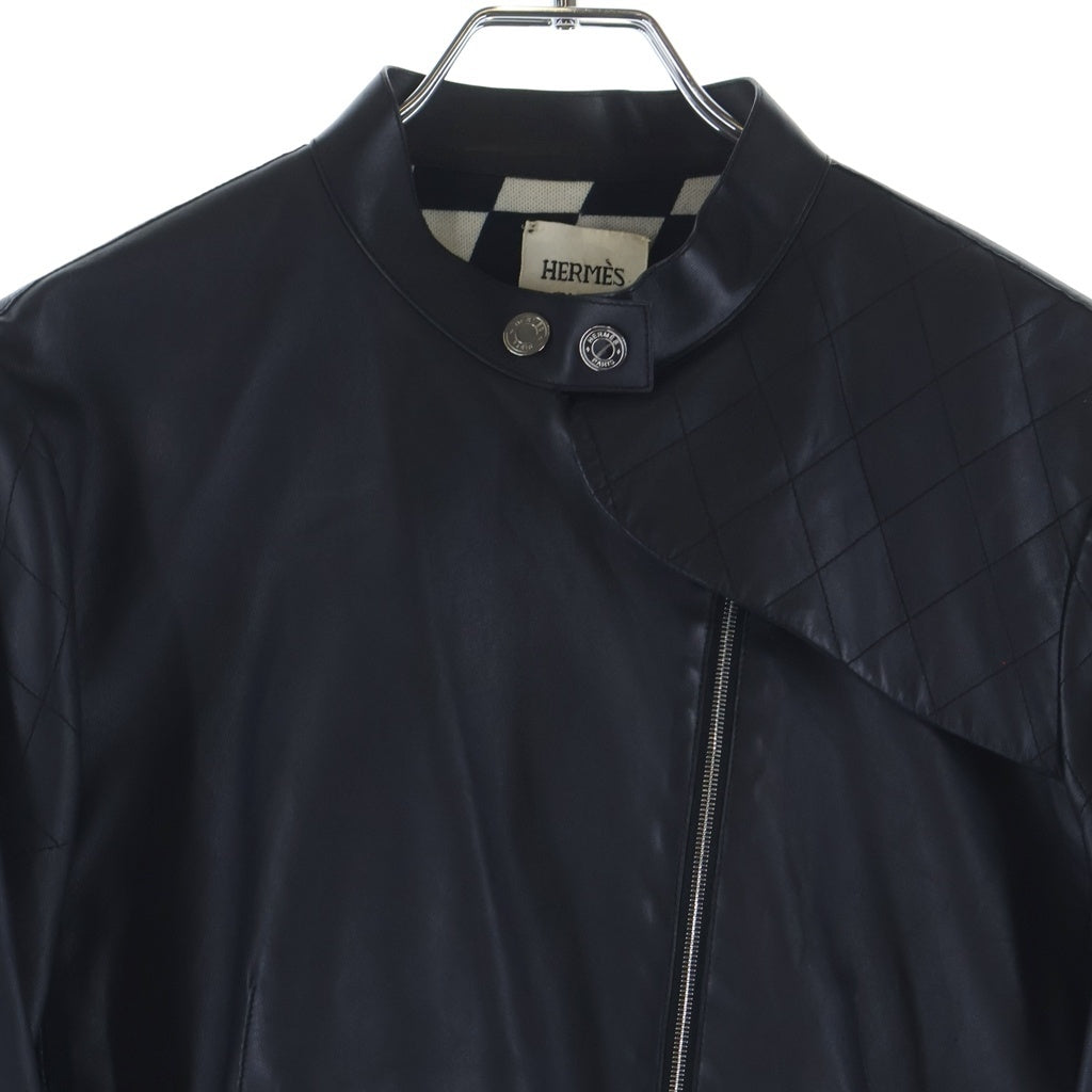 HERMES(エルメス) セリエボタン オプティカルH ラムスキン シングルライダースジャケット ネイビー レディース